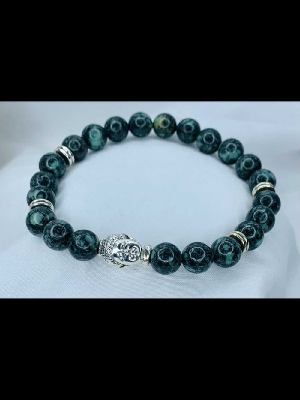 Handcrafted Dark Green Beaded Bracelet with Silver Buddha Accent